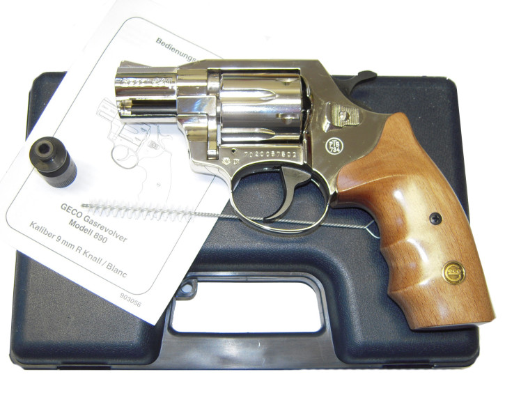 Gasrevolver Geco Modell 890, verchromt mit Holzgriff, 9mm RK