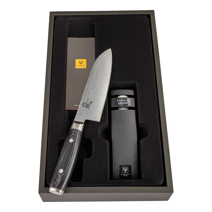 Yaxell Kochmesser-Set Santoku RAN + Messerschärfer
