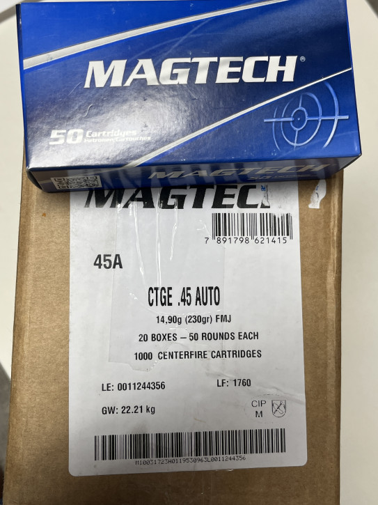 20 Schachteln Pistolenpatronen Magtech Kaliber 45 ACP FMC 14,90 g / 230 gr
