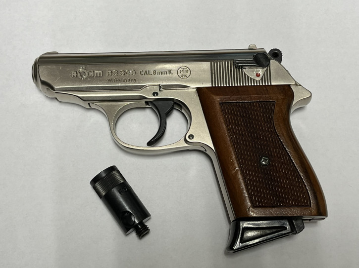 Röhm RG 800 vernickelt mit Holzgriff, 8mm Knall, Sammlerpistole