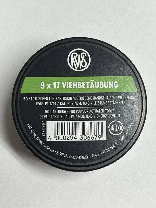 Kartuschen Kaliber 9x17 für Viehbetäubungsapparate Grün