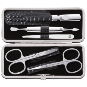 Maniküre Pediküre Set 5tlg. mit Nagelschere, Leder in Kroko-Optik, schwarz