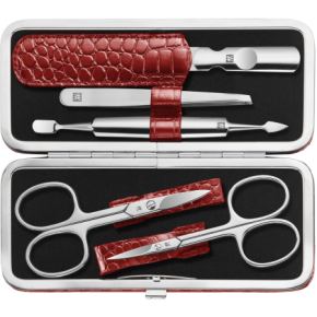 Maniküre Pediküre Set 5tlg. mit Nagelschere, Leder, rot Rahmentui